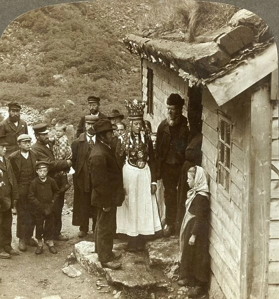 A Nordfjord bride and groom with guests and parents at house door, Brigsdal, Norway, c1905