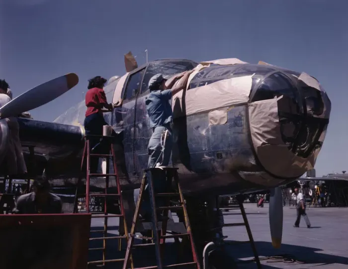 Framed Print : North American B-25 bomber is prepared... North American Aviation, Inc. Inglewood, Calif. 1942. Creator: Alfred T Palmer Framed Print : North American B-25 bomber is prepared... North American Aviation, Inc. Inglewood, Calif. 1942. Creator: Alfred T Palmer