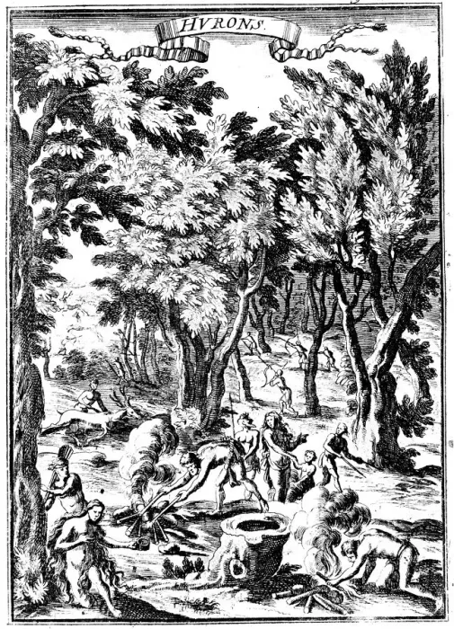 Framed Print : North American Huron Indians hunting and preparing food in woodland, 1686 Framed Print : North American Huron Indians hunting and preparing food in woodland, 1686