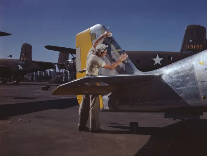 Framed Print : On North Americans outdoor assembly line... North American Aviation, Inc. Inglewood, Calif. 1942 Creator: Alfred T Palmer Framed Print : On North Americans outdoor assembly line... North American Aviation, Inc. Inglewood, Calif. 1942 Creator: Alfred T Palmer