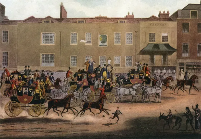 Framed Print : North Country Mails at the Peacock, Islington, 1823 (1927). Artist: Thomas Sutherland Framed Print : North Country Mails at the Peacock, Islington, 1823 (1927). Artist: Thomas Sutherland