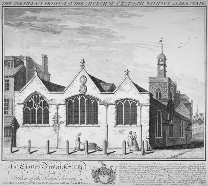 Framed Print : North-east view of the Church of St Botolph Aldersgate, City of London, 1739. Artist Framed Print : North-east view of the Church of St Botolph Aldersgate, City of London, 1739. Artist