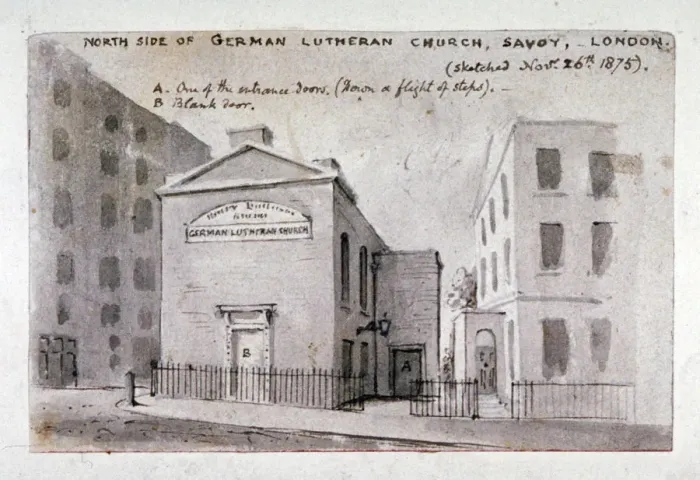 Framed Print : North side of the German Lutheran Church at Savoy Palace, Westminster, London, 1875 Framed Print : North side of the German Lutheran Church at Savoy Palace, Westminster, London, 1875