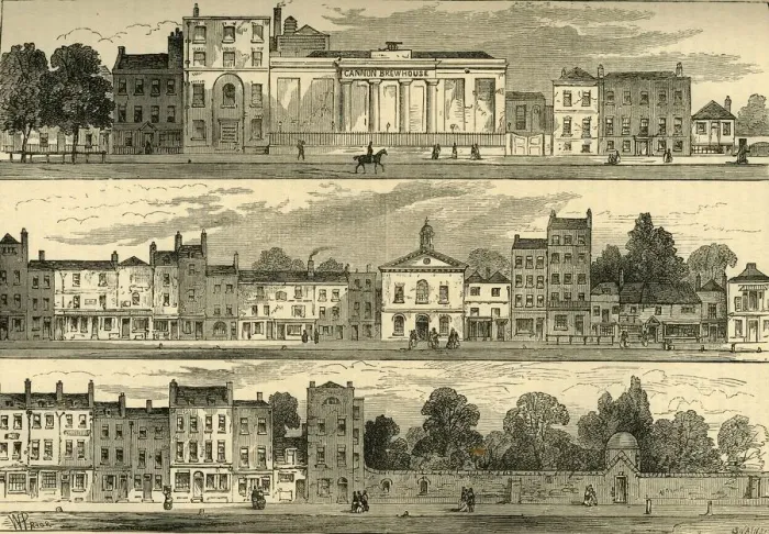 Framed Print : The North Side of Knightsbridge in 1820, from the Cannon Brewery to Hyde Park Corner, (c1876 Framed Print : The North Side of Knightsbridge in 1820, from the Cannon Brewery to Hyde Park Corner, (c1876