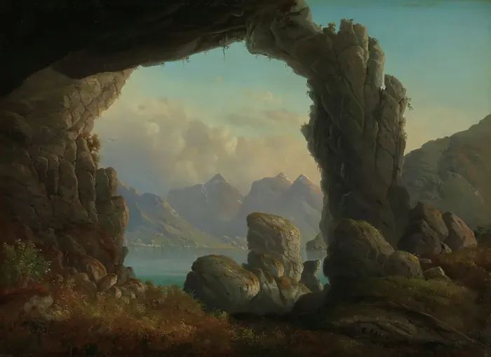 Framed Print : North-Norwegian Landscape with Natural Arch, 1859. Creator: Christian Due Framed Print : North-Norwegian Landscape with Natural Arch, 1859. Creator: Christian Due