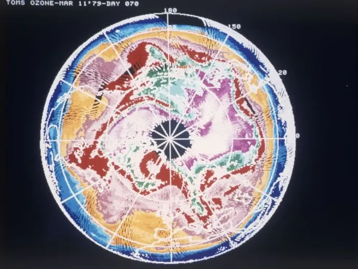 Framed Print : North Pole total ozone maps with meteorological chart, March 1979. Creator: NASA Framed Print : North Pole total ozone maps with meteorological chart, March 1979. Creator: NASA