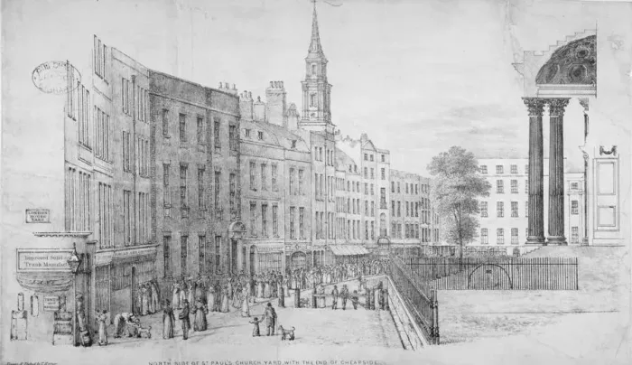 Framed Print : North side of St Pauls Churchyard, with the end of Cheapside, City of London, 1822 Framed Print : North side of St Pauls Churchyard, with the end of Cheapside, City of London, 1822