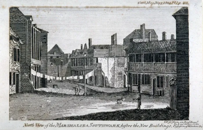 Framed Print : North view of Marshalsea prison on Borough High Street, Southwark, London, 1804. Artist Framed Print : North view of Marshalsea prison on Borough High Street, Southwark, London, 1804. Artist