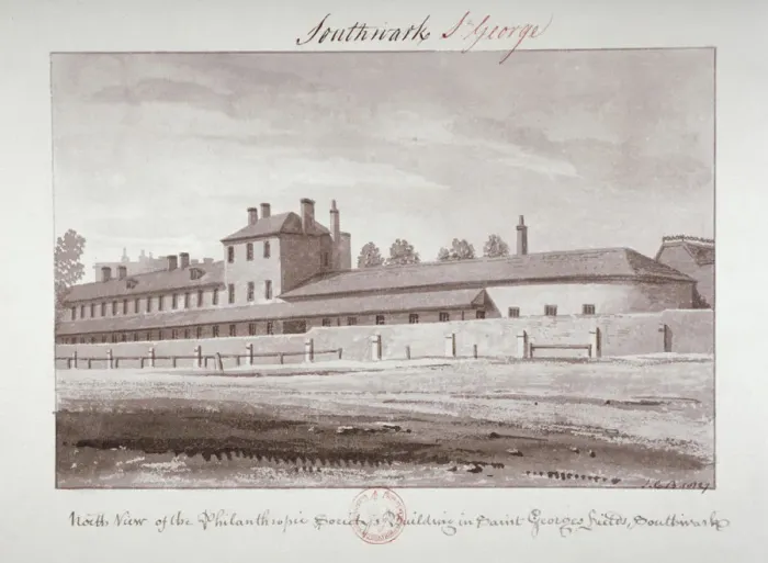 Framed Print : North view of the Philanthropic Society Institution on London Road, Southwark, London, 1827 Framed Print : North view of the Philanthropic Society Institution on London Road, Southwark, London, 1827
