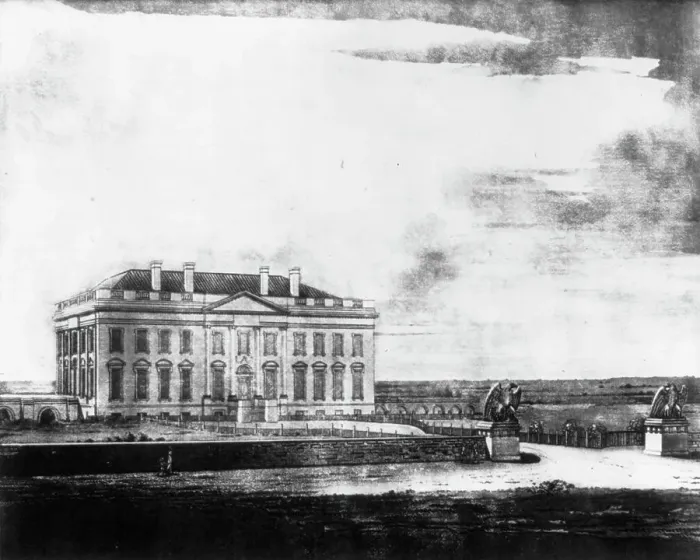 Framed Print : North view of the President's house in the city of Washington, c1810. Creator: Frances Benjamin Johnston Framed Print : North view of the President's house in the city of Washington, c1810. Creator: Frances Benjamin Johnston