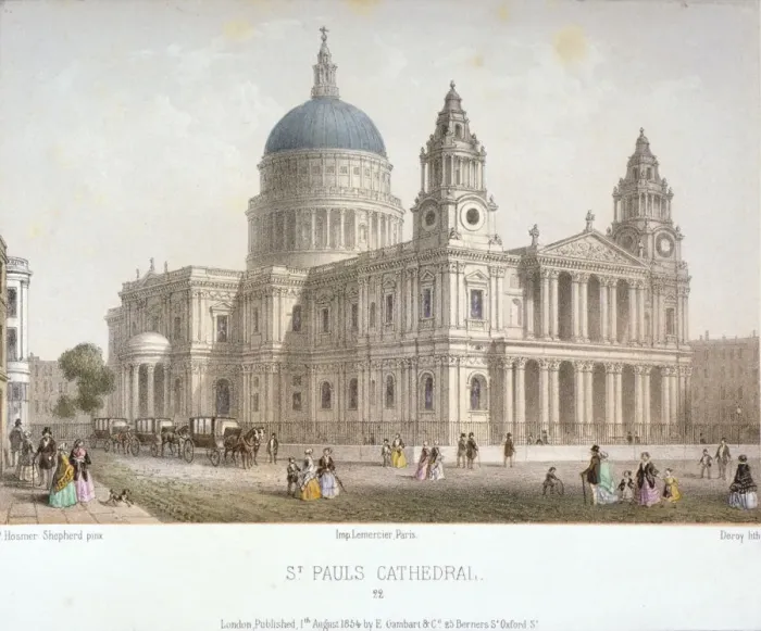 Framed Print : North-west view of St Pauls Cathedral with figures walking in front, City of London, 1854 Framed Print : North-west view of St Pauls Cathedral with figures walking in front, City of London, 1854