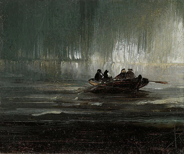 Northern Lights over Four Men in a Rowboat. Creator: Balke, Peder (1804-1887)