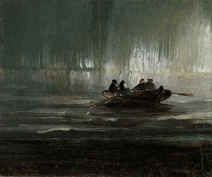Framed Print : Northern Lights over Four Men in a Rowboat. Creator: Balke, Peder (1804-1887) Framed Print : Northern Lights over Four Men in a Rowboat. Creator: Balke, Peder (1804-1887)
