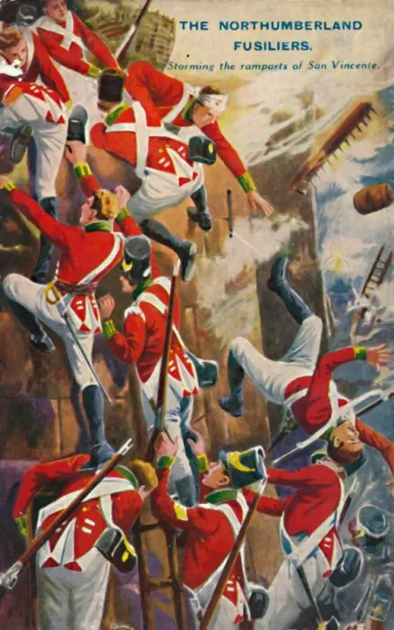 Framed Print : The Northumberland Fusiliers. Storming the ramparts of San Vincente, 1812, (1939)