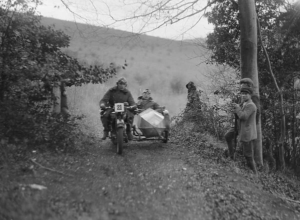Norton and sidecar ridden by SL Grubb competing in the Inter-Varsity Trial, November 1931