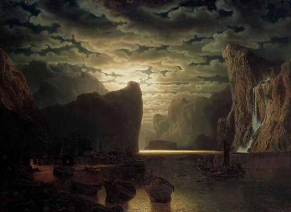 Norwegian Fjord in Moonlight. Motif from the Sogne-Fjord, 1861. Creator: Markus Larsson