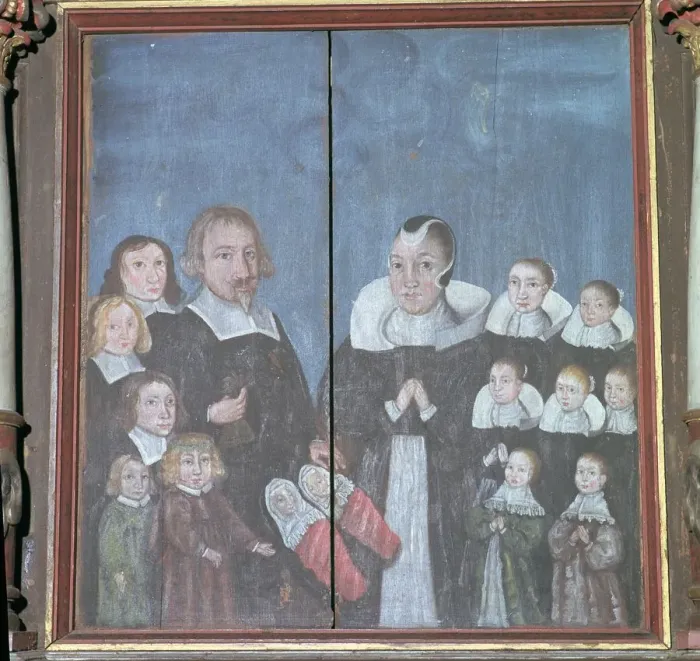 Framed Print : Norwegian painting showing a family with fourteen children, 17th century Framed Print : Norwegian painting showing a family with fourteen children, 17th century