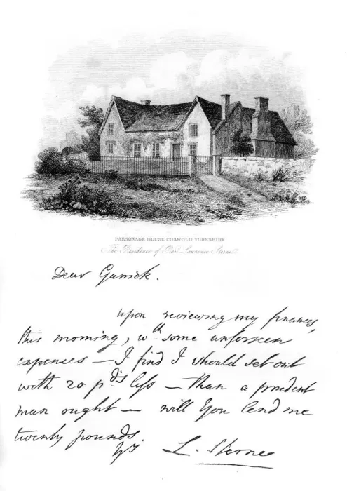 Framed Print : A note from Sterne to Garrick, and a view of Sternes house in Yorkshire, 18th century, (1840) Framed Print : A note from Sterne to Garrick, and a view of Sternes house in Yorkshire, 18th century, (1840)