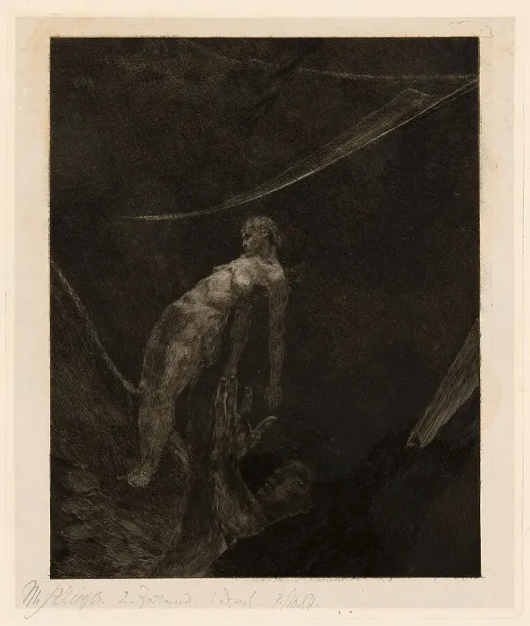Framed Print : Back into Nothingness, plate fifteen from A Life, 1884. Creator: Max Klinger Framed Print : Back into Nothingness, plate fifteen from A Life, 1884. Creator: Max Klinger