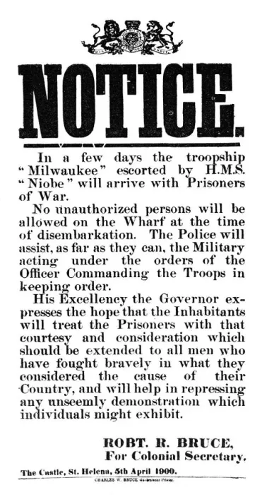 Framed Print : Notice of the arrival of Boer prisoners of war on the Milwaukee, St Helena, 5th April 1900 Framed Print : Notice of the arrival of Boer prisoners of war on the Milwaukee, St Helena, 5th April 1900