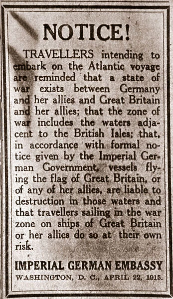 Notice to passengers planning to make transatlantic journeys, 1915