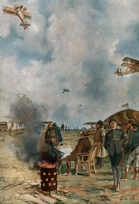 Framed Print : Notre Aviation de Guerre; Au centre de perfectionnement'; un renversement un peu... 1918. Creator: Francois Flameng. Notre Aviation de Guerre; Au centre de perfectionnement'; un renversement un peu... 1918 Framed Print : Notre Aviation de Guerre; Au centre de perfectionnement'; un renversement un peu... 1918. Creator: Francois Flameng. Notre Aviation de Guerre; Au centre de perfectionnement'; un renversement un peu... 1918