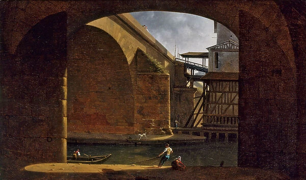 Notre-Dame Bridge and Pump, seen from the vault of Quai de Gesvres, 1816. Creator: Auguste Jacques Regnier