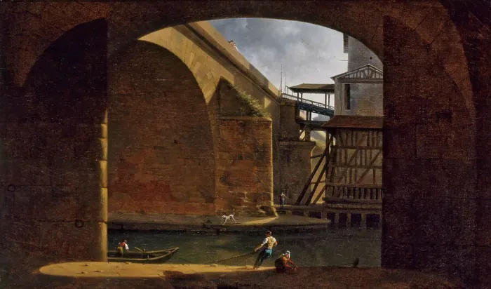 Framed Print : Notre-Dame Bridge and Pump, seen from the vault of Quai de Gesvres, 1816. Creator: Auguste Jacques Regnier Framed Print : Notre-Dame Bridge and Pump, seen from the vault of Quai de Gesvres, 1816. Creator: Auguste Jacques Regnier