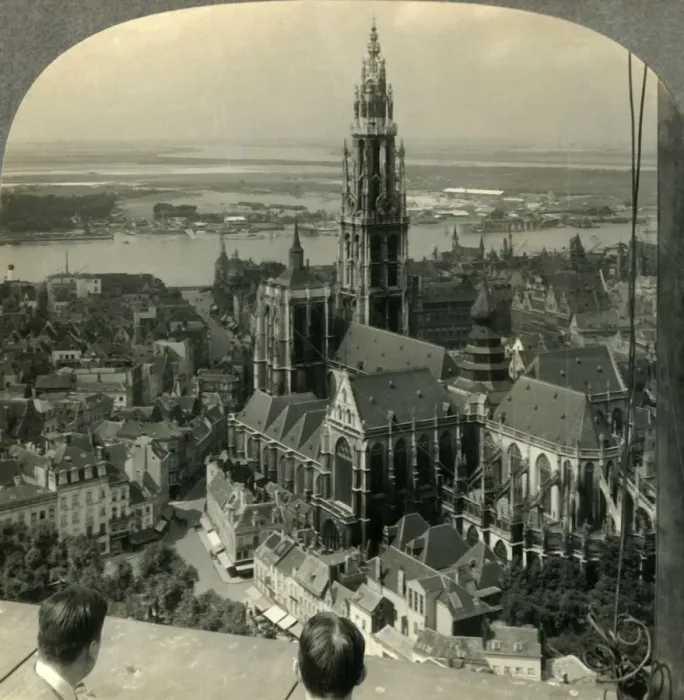 Framed Print : Notre Dame Cathedral and the Harbor of Antwerp from Belgiums First Skyscraper, c1930s Framed Print : Notre Dame Cathedral and the Harbor of Antwerp from Belgiums First Skyscraper, c1930s