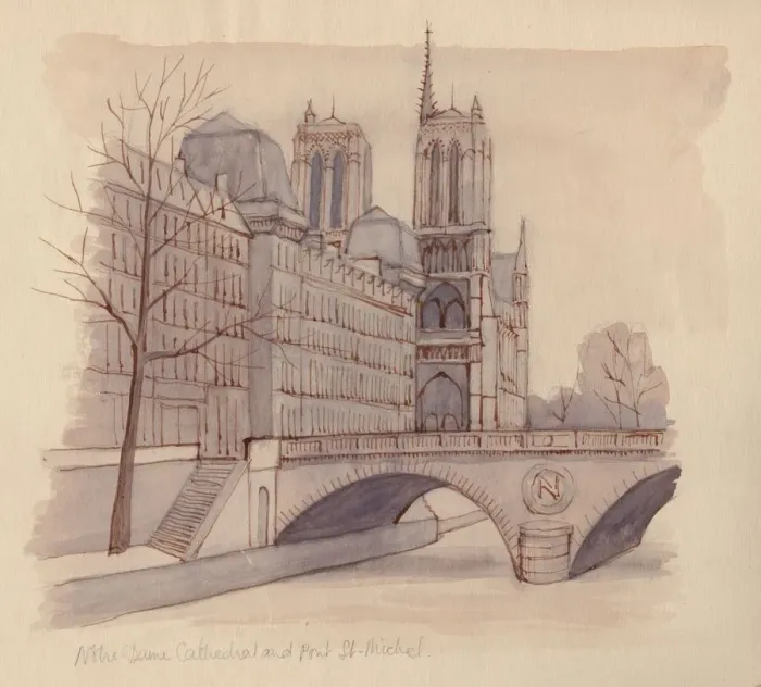Framed Print : Notre Dame Cathedral and Pont St-Michel, 1951. Creator: Shirley Markham Framed Print : Notre Dame Cathedral and Pont St-Michel, 1951. Creator: Shirley Markham