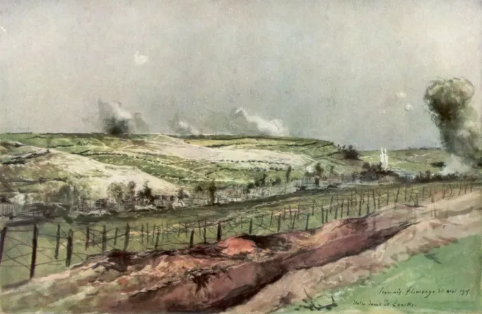 Framed Print : Notre Dame de Lorette and St Nazaire, Ablain, during bombardment, Artois, France, 1915, (1926). Artist: Francois Flameng Framed Print : Notre Dame de Lorette and St Nazaire, Ablain, during bombardment, Artois, France, 1915, (1926). Artist: Francois Flameng