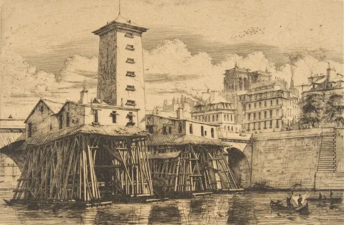 Framed Print : The Notre-Dame Pump, Paris, 1852. Creator: Charles Meryon Framed Print : The Notre-Dame Pump, Paris, 1852. Creator: Charles Meryon