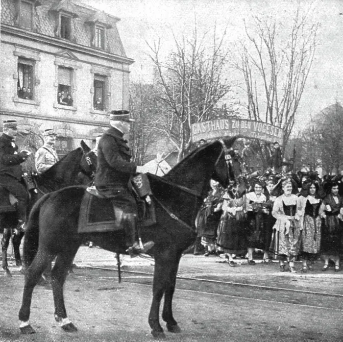 Framed Print : Notre entrée a Colmar; Le general de Castelnau devant les drapeaux de la 169e division... 1918. Creator: Unknown Framed Print : Notre entrée a Colmar; Le general de Castelnau devant les drapeaux de la 169e division... 1918. Creator: Unknown
