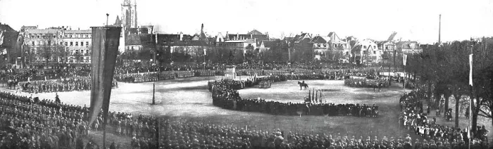 Framed Print : Notre entrée a Colmar; trois photographies format panorama de la reception du general... 1918. Creator: Unknown Framed Print : Notre entrée a Colmar; trois photographies format panorama de la reception du general... 1918. Creator: Unknown
