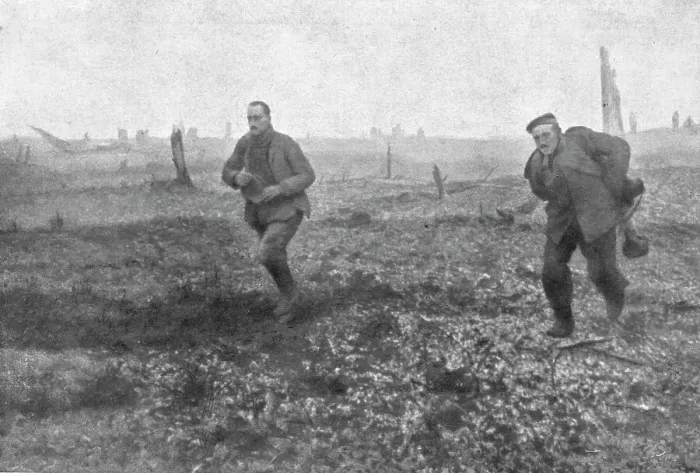 Framed Print : Notre offensive du 15 decembre 1916; Deux Allemands sortent d'un abri depasse par notre premiere va Creator: Unknown Framed Print : Notre offensive du 15 decembre 1916; Deux Allemands sortent d'un abri depasse par notre premiere va Creator: Unknown