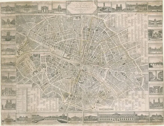 Framed Print : Nouveau plan de Paris (Map of Paris showing illustrations, streets, main monuments, and... 1817. Creator: Anonymous) Framed Print : Nouveau plan de Paris (Map of Paris showing illustrations, streets, main monuments, and... 1817. Creator: Anonymous)