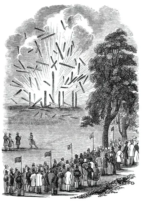 Framed Print : Novel experiments in warfare - hut destroyed by a shell, 1844. Creator: Unknown Framed Print : Novel experiments in warfare - hut destroyed by a shell, 1844. Creator: Unknown