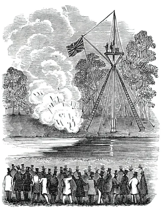 Framed Print : Novel experiments in warfare - shower of hand-rockets, 1844. Creator: Unknown Framed Print : Novel experiments in warfare - shower of hand-rockets, 1844. Creator: Unknown