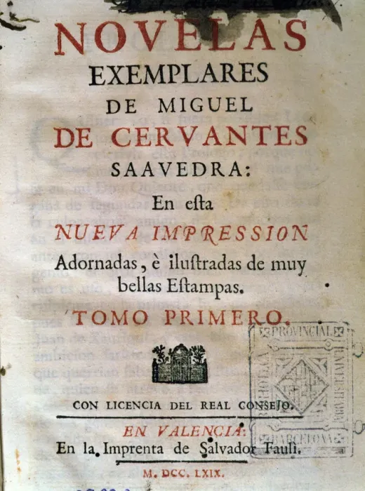 Framed Print : Novelas Ejemplares (Exemplary Novels) by Miguel de Cervantes, Volume I, cover, Printing Framed Print : Novelas Ejemplares (Exemplary Novels) by Miguel de Cervantes, Volume I, cover, Printing