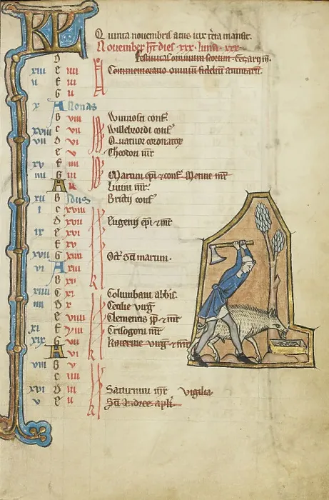 Framed Print : November Calendar Page; Gathering Acorns for Pigs; Psalter, mid-1200s. Creator: Unknown Framed Print : November Calendar Page; Gathering Acorns for Pigs; Psalter, mid-1200s. Creator: Unknown