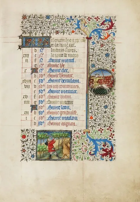 Framed Print : November Calendar Page: Gathering Acorns for Pigs: Sagittarius; Book of Hours, about 1440-1450. Creator: Workshop of the Bedford Master Framed Print : November Calendar Page: Gathering Acorns for Pigs: Sagittarius; Book of Hours, about 1440-1450. Creator: Workshop of the Bedford Master