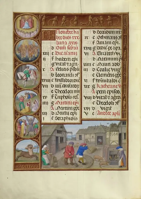 Framed Print : November Calendar Page: Threshing and Pig Feeding: Sagittarius; Spinola Hours, about 1510-1520. Creator: Workshop of the Master of James IV of Scotland Framed Print : November Calendar Page: Threshing and Pig Feeding: Sagittarius; Spinola Hours, about 1510-1520. Creator: Workshop of the Master of James IV of Scotland