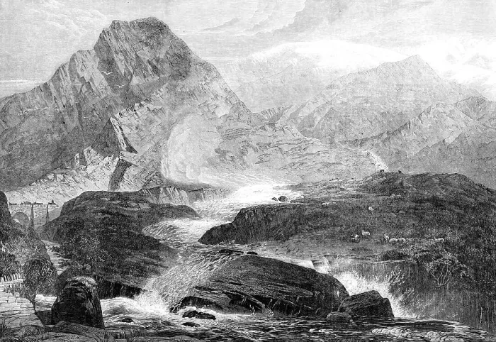 Framed Print : A November Day in Nant-Francon, by J. C. Reed, in the exhibition of the Institute of... 1864. Creator: Mason Jackson. A November Day in Nant-Francon, by J. C. Reed, in the exhibition of the Institute of... 1864
