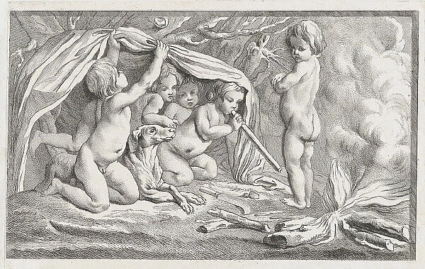 Nude children and a dog warming themselves by a fire; an allegory of Winter, after a... after 1745. Creator: Anon