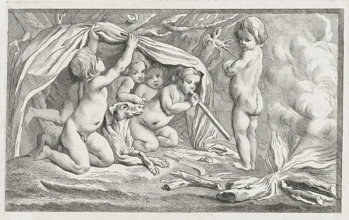 Framed Print : Nude children and a dog warming themselves by a fire; an allegory of Winter, after a... after 1745. Creator: Anon Framed Print : Nude children and a dog warming themselves by a fire; an allegory of Winter, after a... after 1745. Creator: Anon