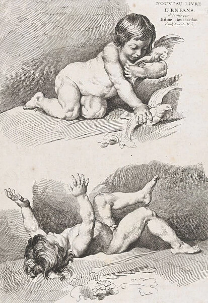 Two nude children playing with a leaf; from New Book of Children, 1720-60