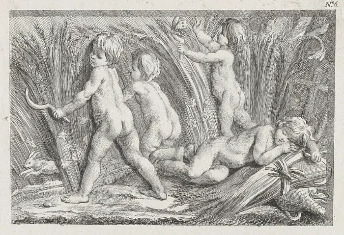 Framed Print : Nude children shearing wheat; an allegory of Summer; after a bas-relief on the Fonta... after 1745. Creator: Anon Framed Print : Nude children shearing wheat; an allegory of Summer; after a bas-relief on the Fonta... after 1745. Creator: Anon