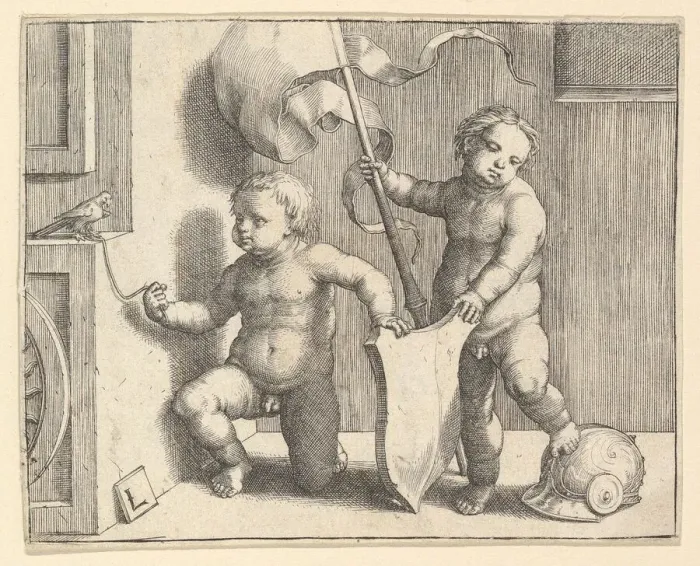 Framed Print : Two Nude Children Supporting a Blank Shield, ca. 1510. Creator: Lucas van Leyden Framed Print : Two Nude Children Supporting a Blank Shield, ca. 1510. Creator: Lucas van Leyden