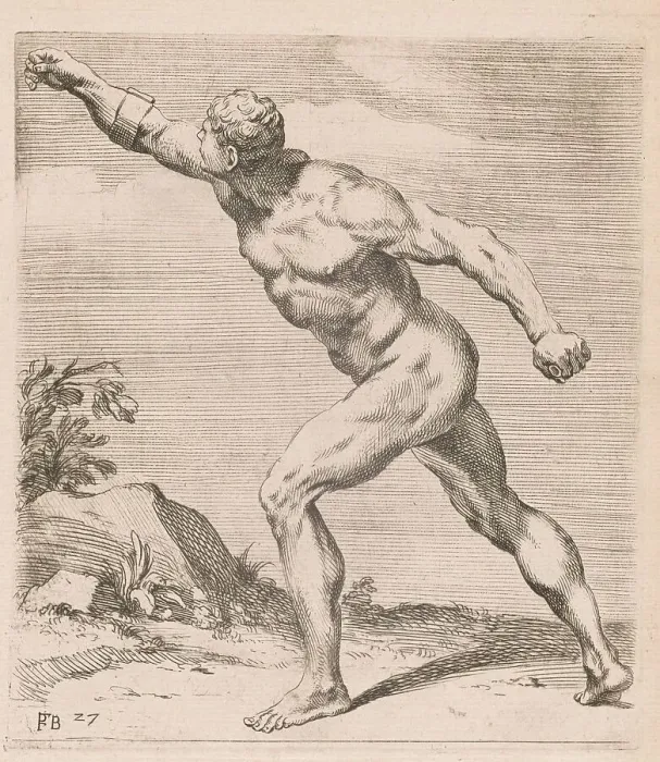 Framed Print : A Nude Fighting Man, side view, turned to left [plate 27], 1638. Creator: François Perrier