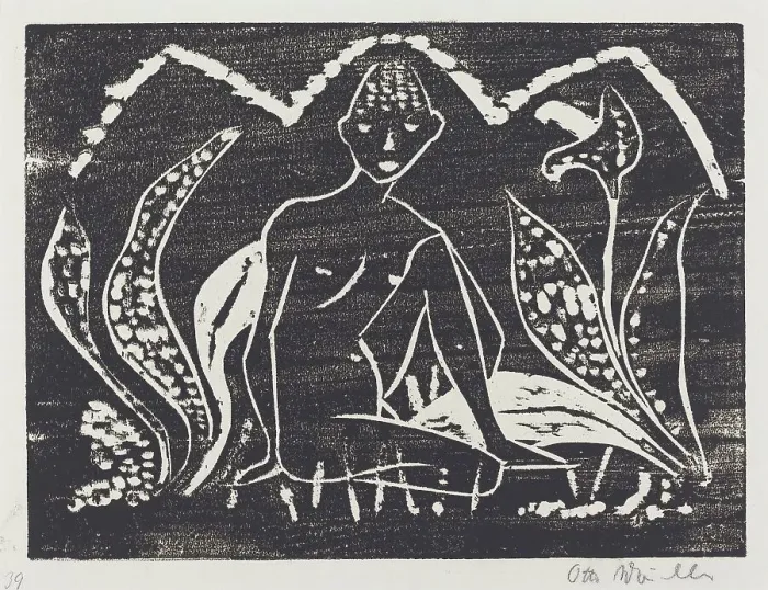 Framed Print : Nude Figure of a Boy in a Landscape (Knabe zwischen Blattpflanzen), 1912. Creator: Otto Mueller Framed Print : Nude Figure of a Boy in a Landscape (Knabe zwischen Blattpflanzen), 1912. Creator: Otto Mueller